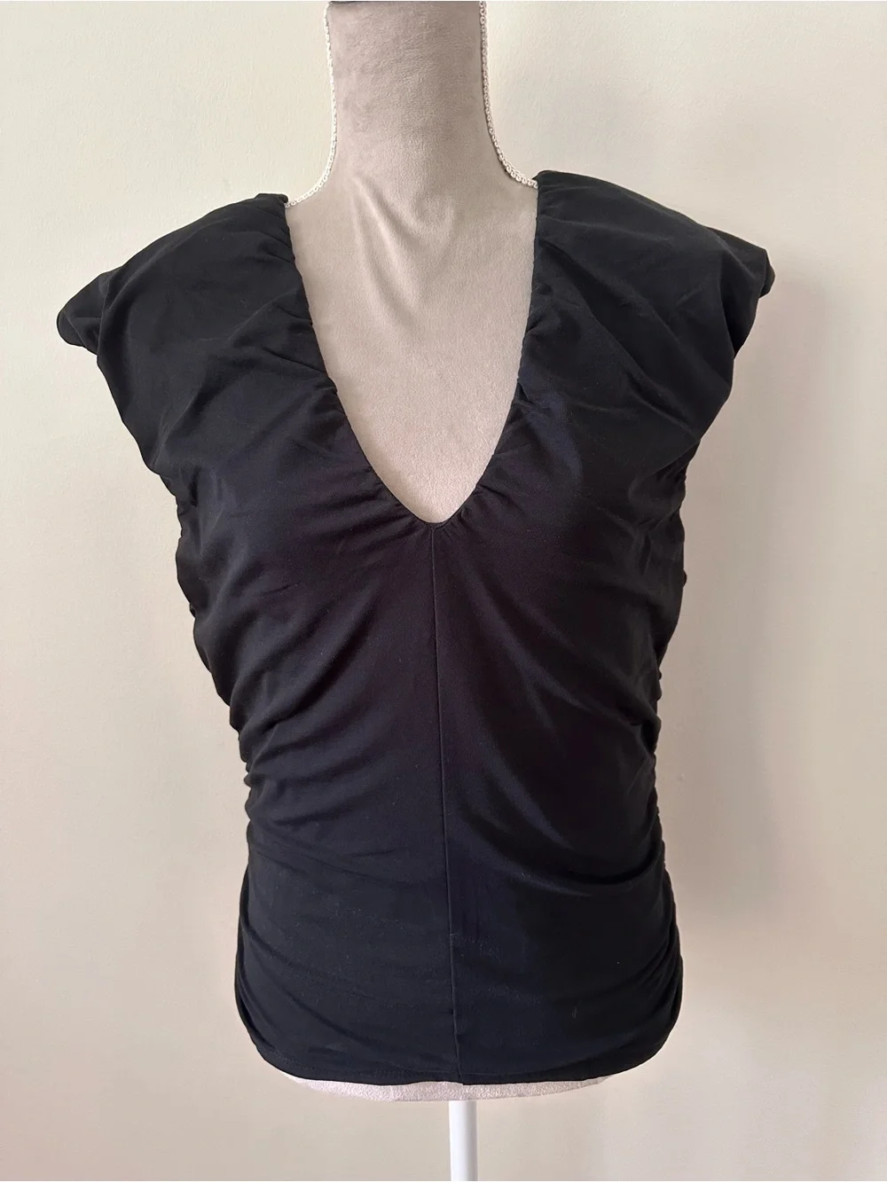 J. Crew Black V-Neck Ruched Cap-Sleeve Top